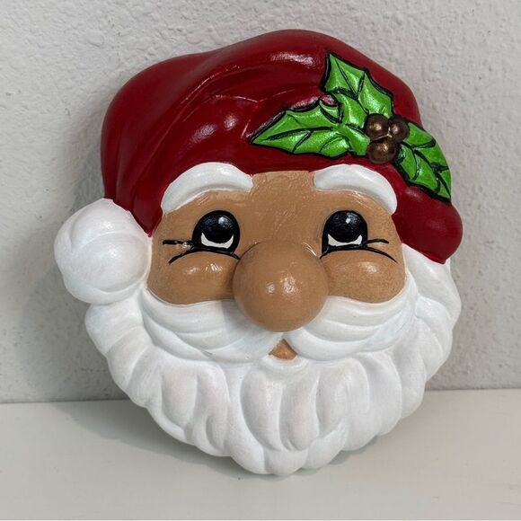 Handpainted Ceramic Santa Face Christmas Decor Wall Hanging - Picture 1 of 8